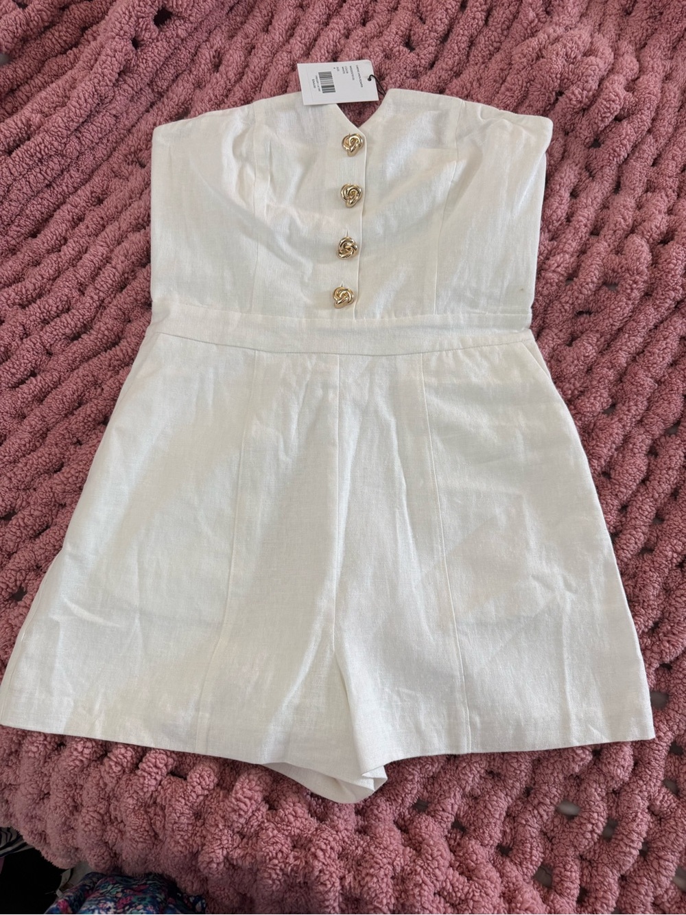 NWT Generation Love Carine Linen Strapless Gold Knot Button Romper White